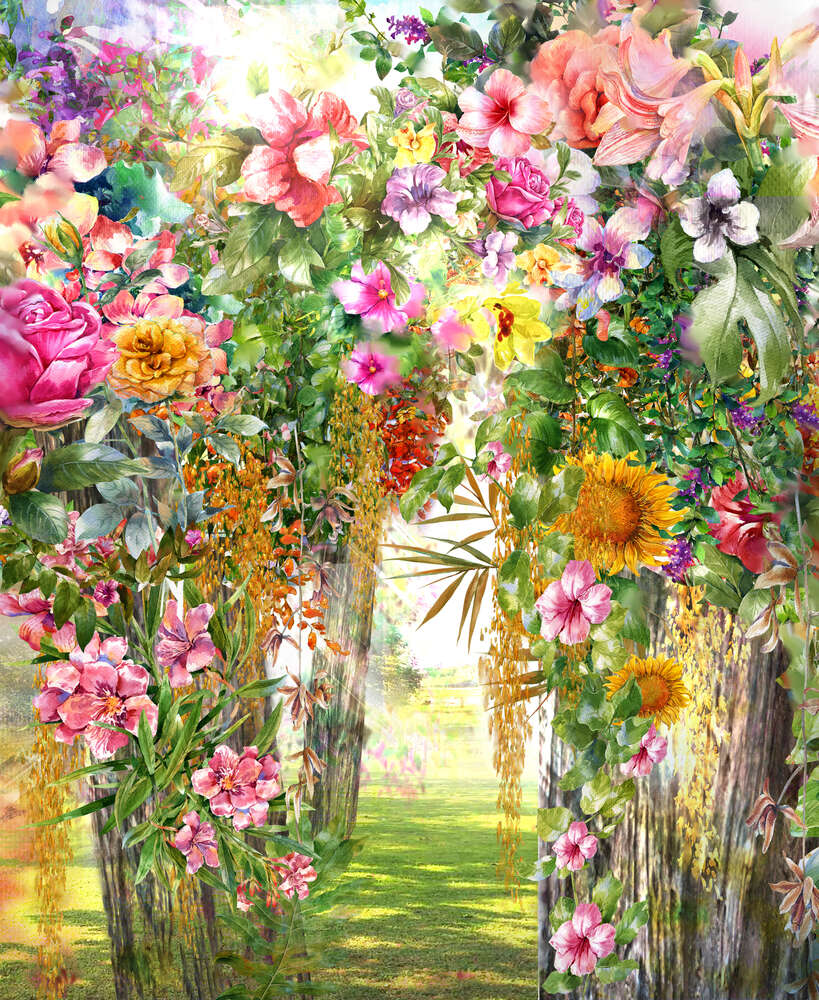картина-постер Різноманіття квітів у літньому саду