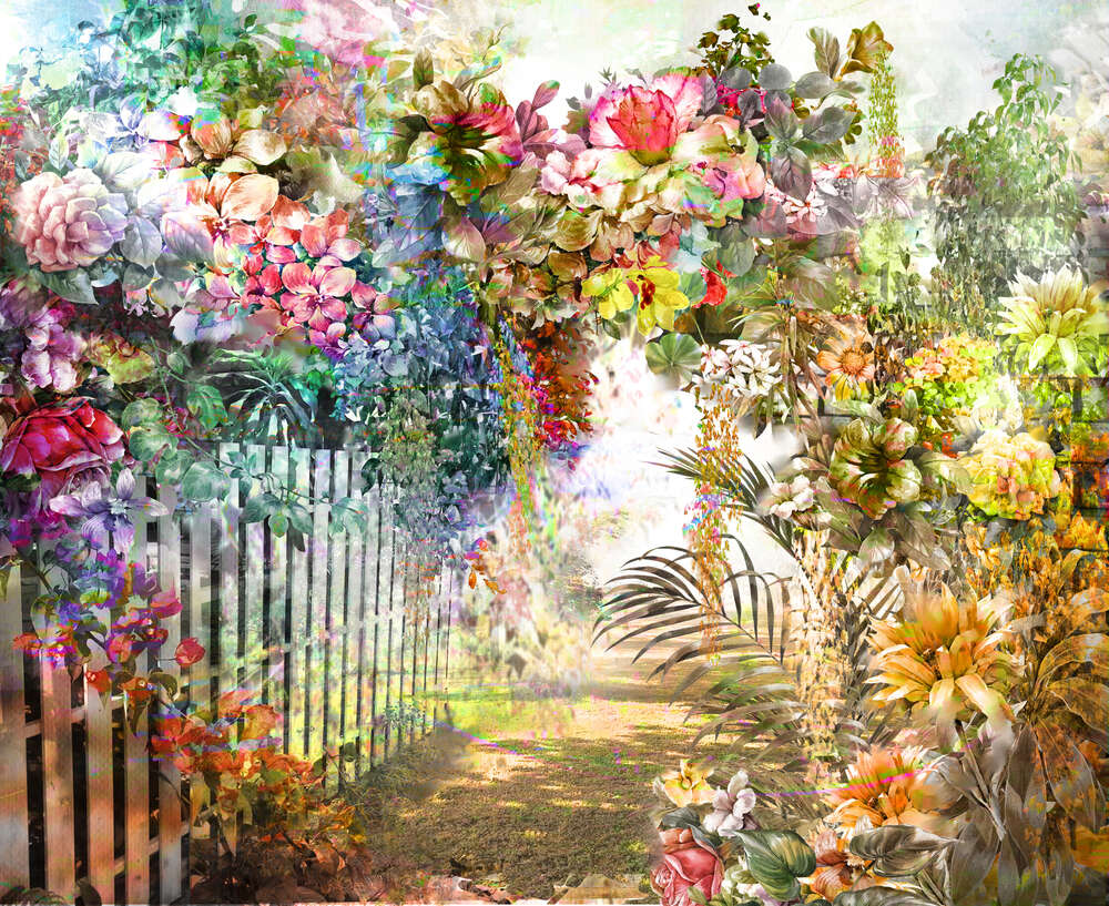 картина-постер Пышные цветы образуют уютную арку над тропинкой