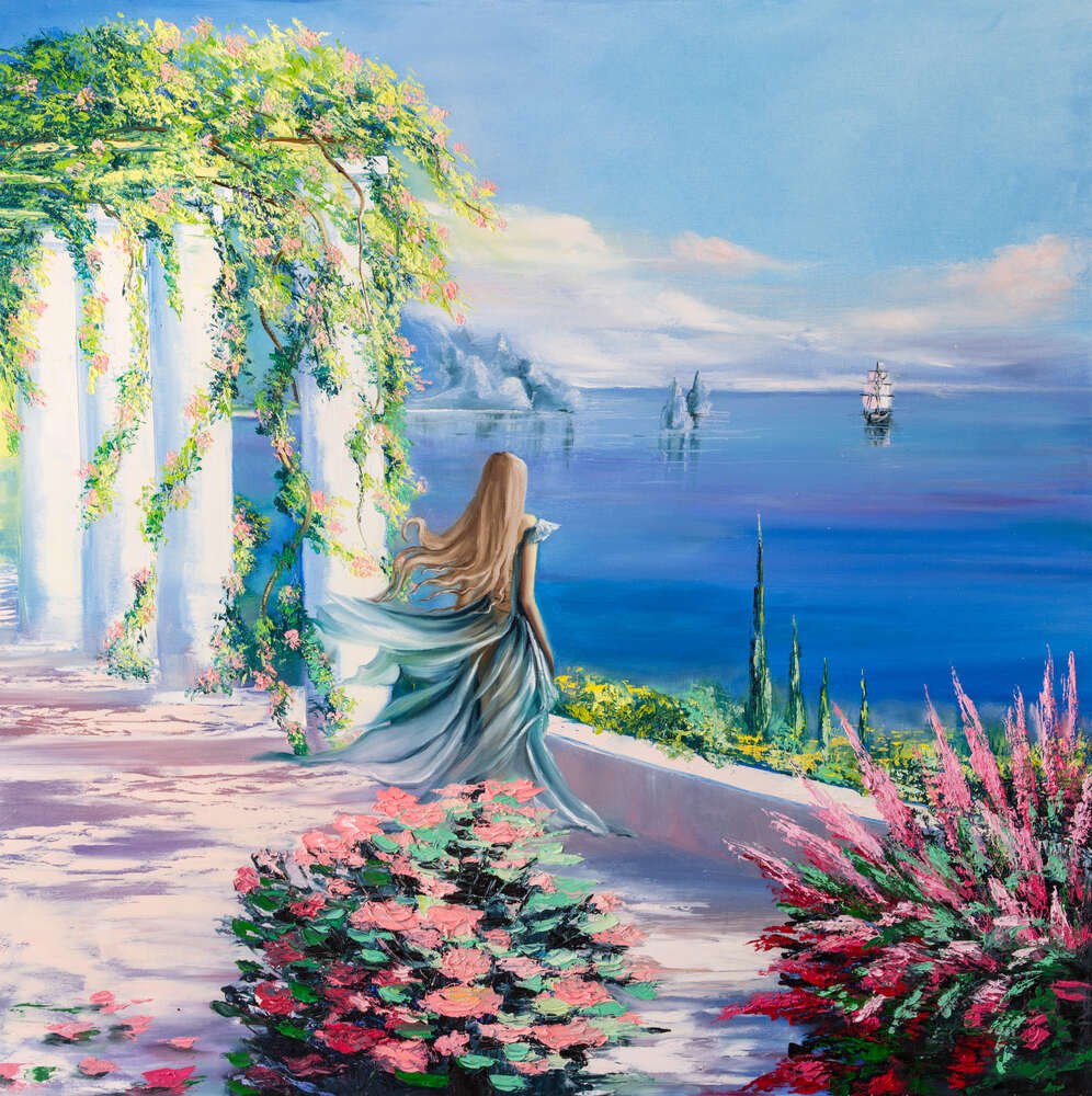 картина-постер Силуэт девушки, которая смотрит на море из сада