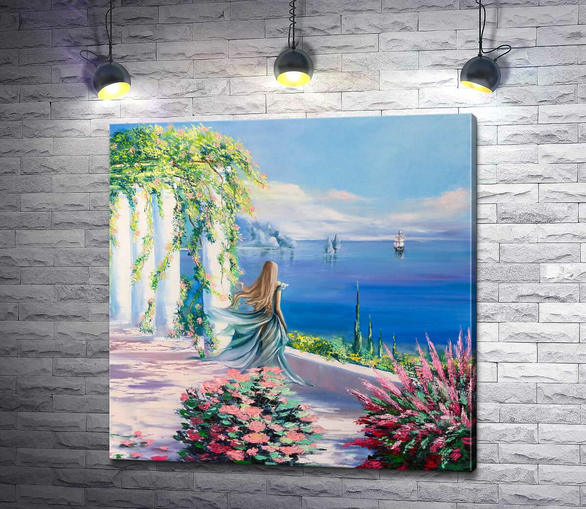 картина Силует дівчини, що дивиться на море із саду