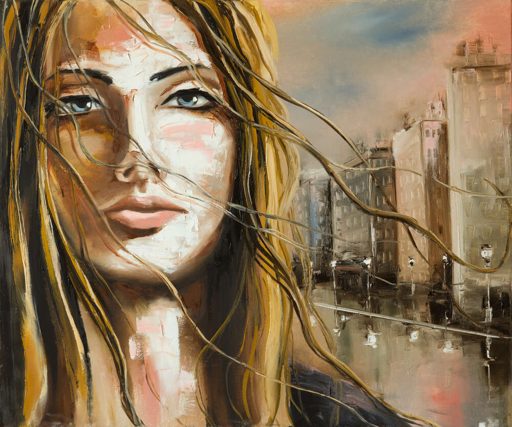 картина-постер Портрет девушки на фоне дождливого города