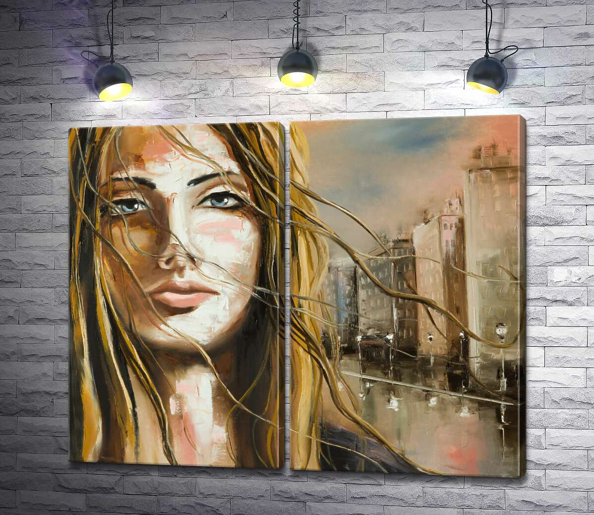 модульная картина Портрет девушки на фоне дождливого города
