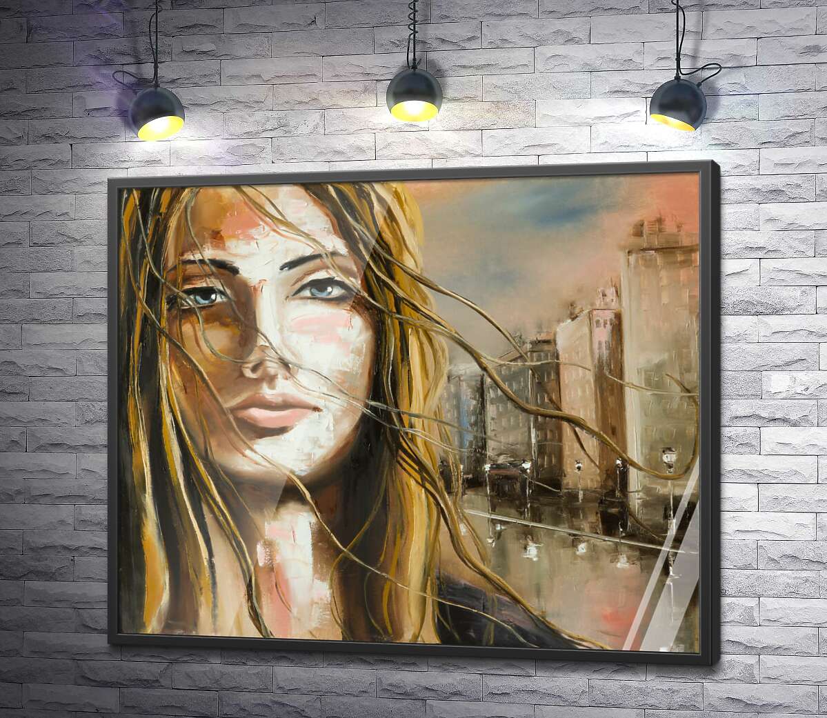 постер Портрет девушки на фоне дождливого города