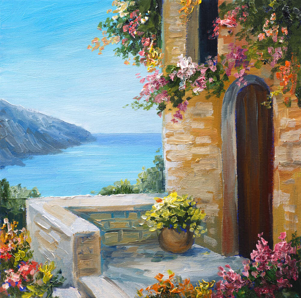 картина-постер Уютный дом на берегу моря, украшенный цветущими кустами