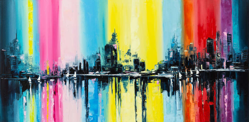 картина-постер Силуэты домов мегаполиса между яркими красками неба и воды