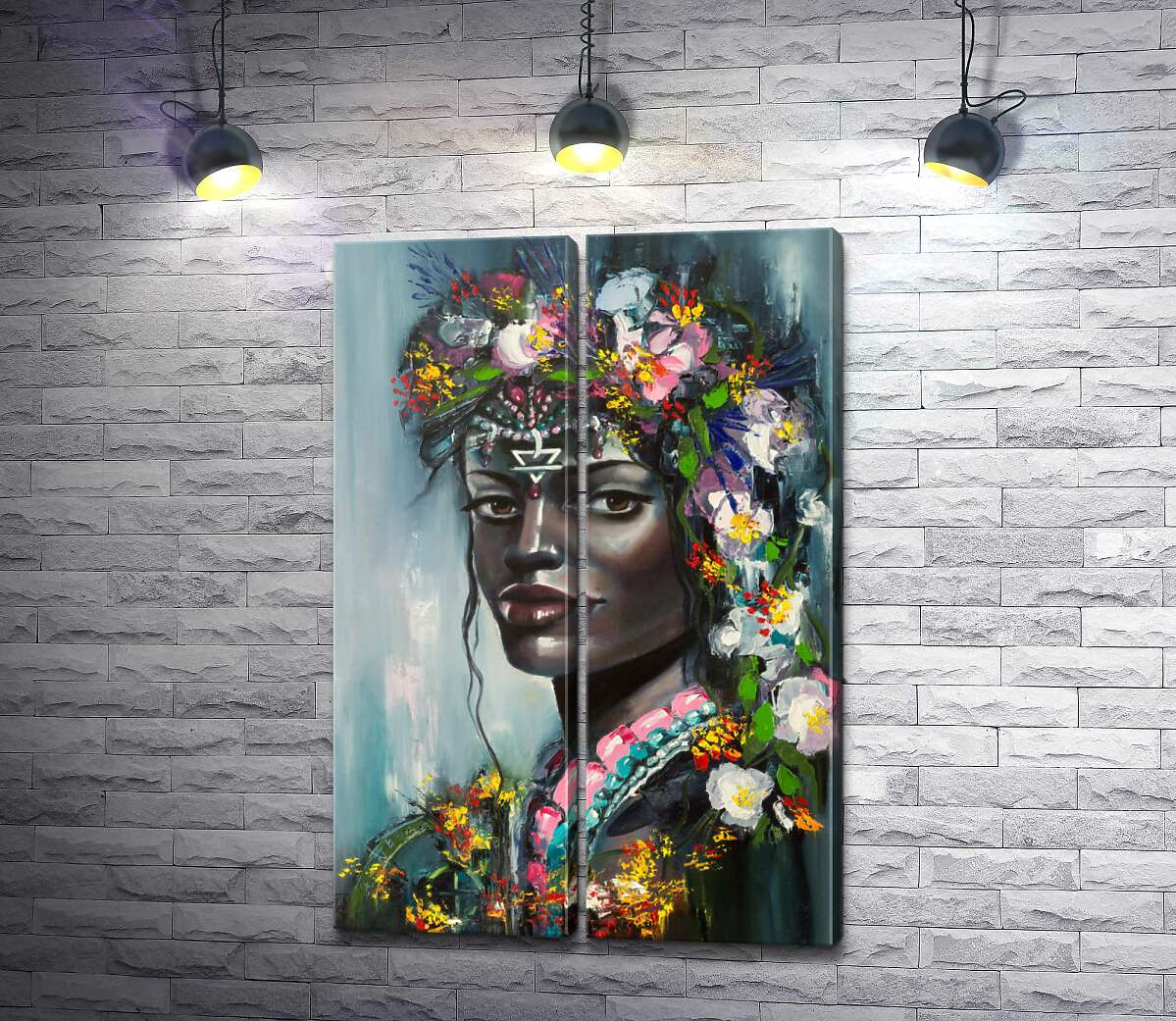 модульная картина Тропические цветы украшают голову африканской девушки