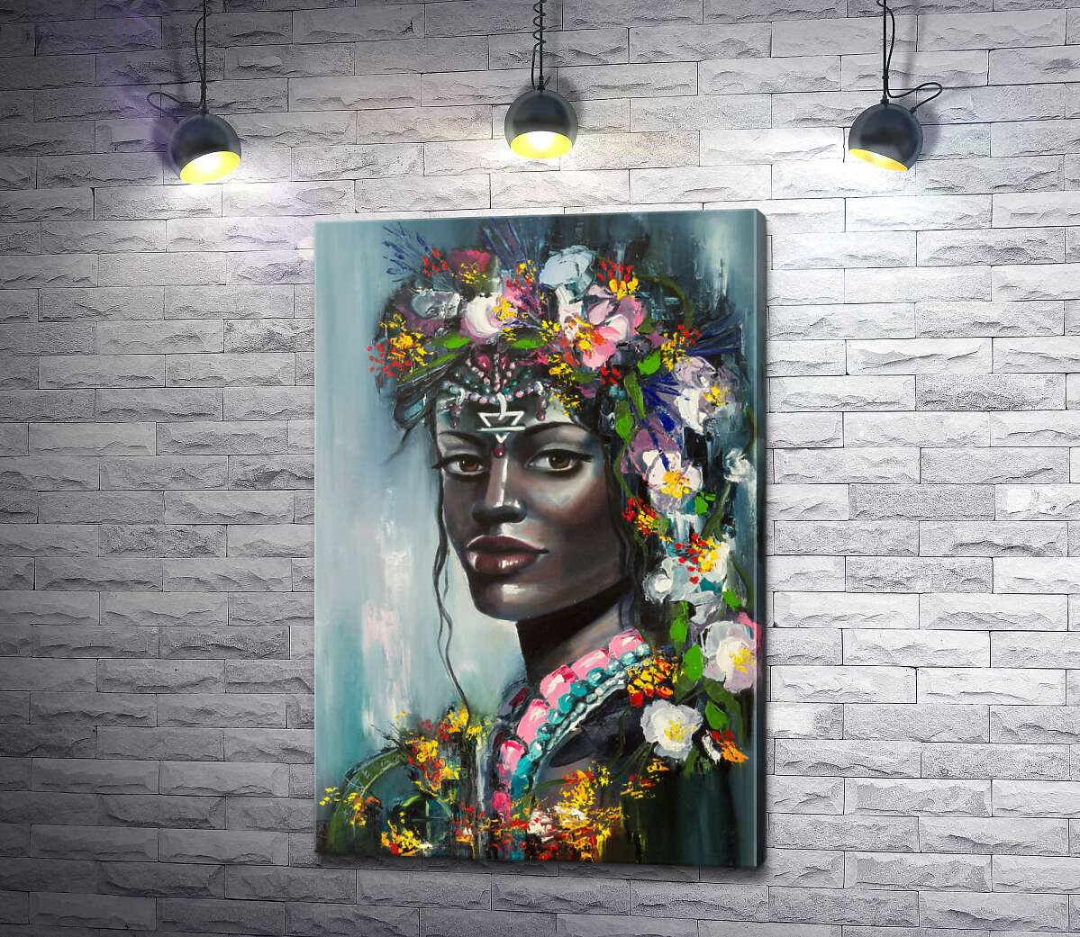 картина Тропические цветы украшают голову африканской девушки
