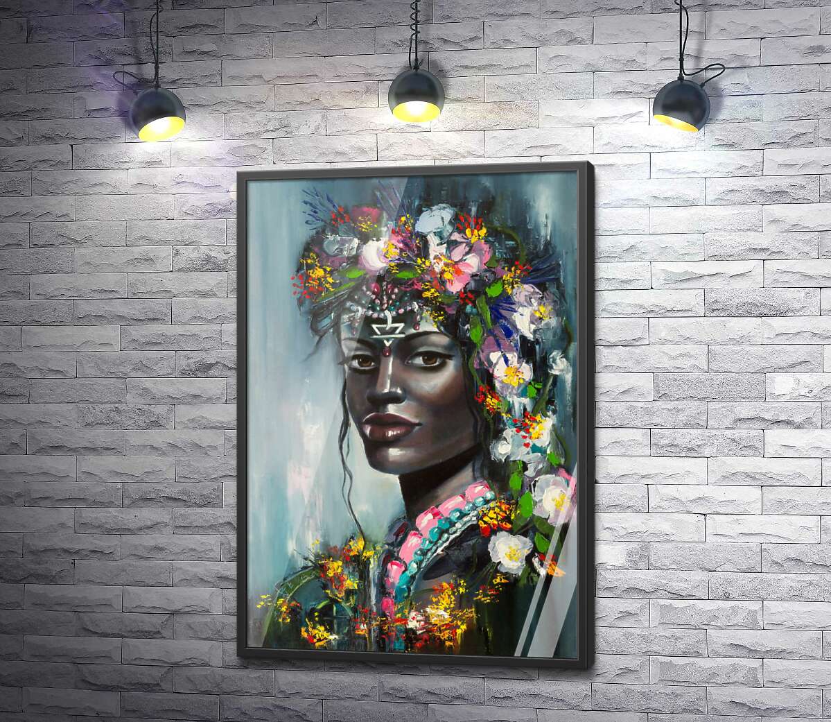 постер Тропические цветы украшают голову африканской девушки