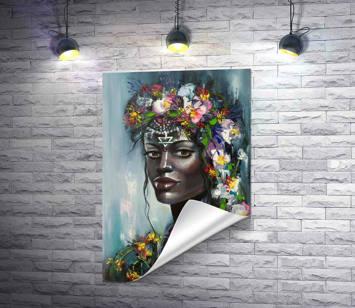 печать Тропические цветы украшают голову африканской девушки