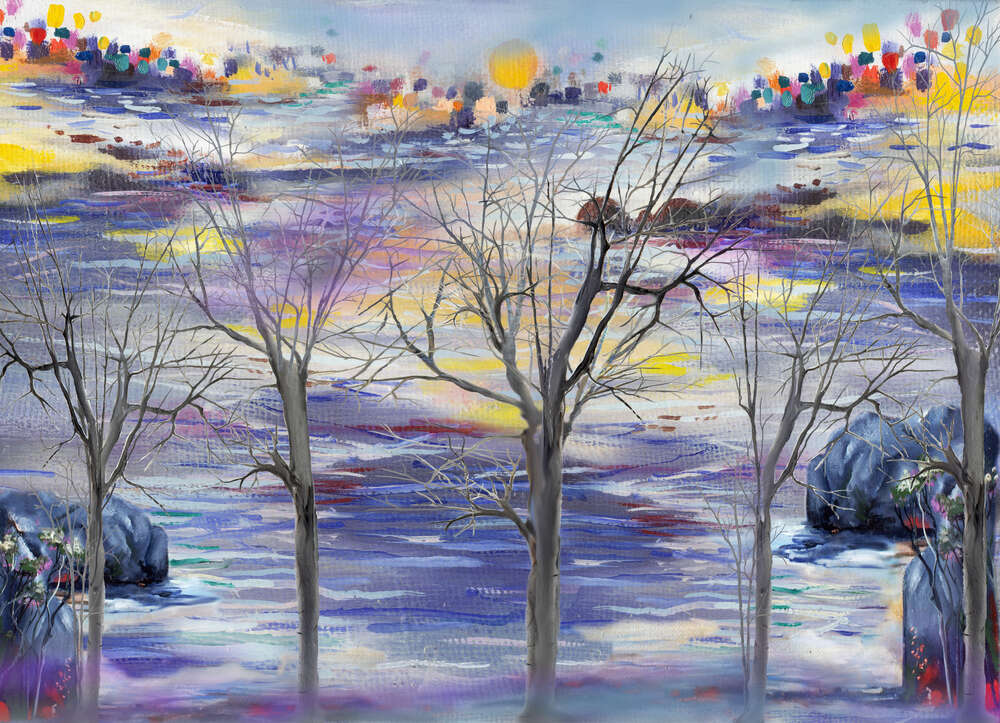 картина-постер Стройные деревья на фоне речного пейзажа