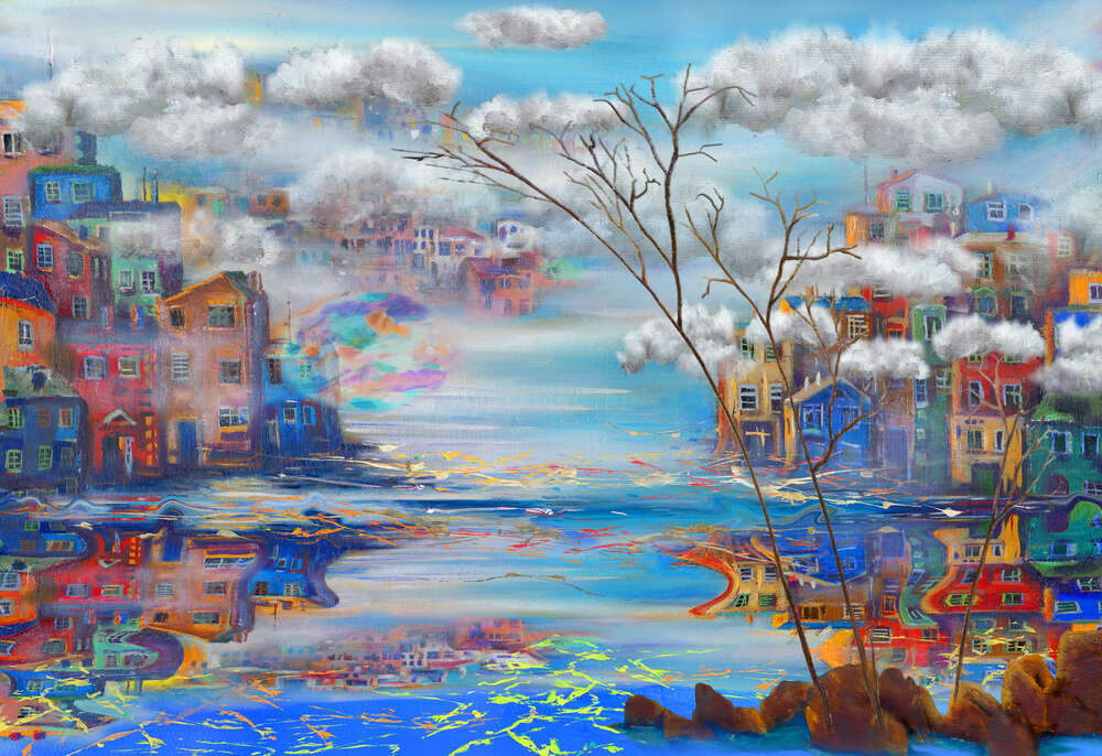 картина-постер Цветные склоны с домами отражаются яркими пятнами в воде