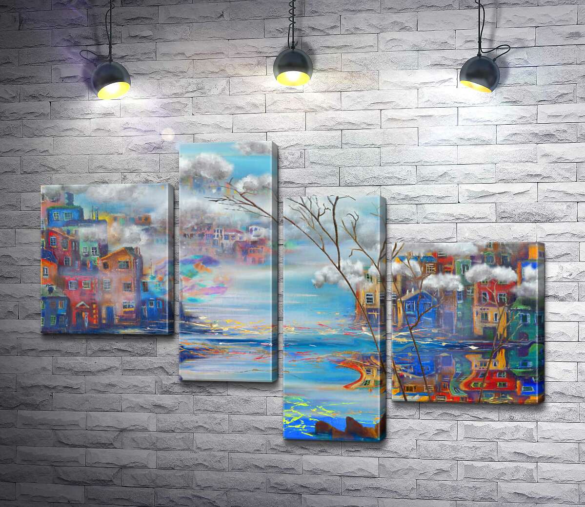 модульна картина Кольорові схили з будинками відбиваються яскравими плямами у воді (Модуль №21)