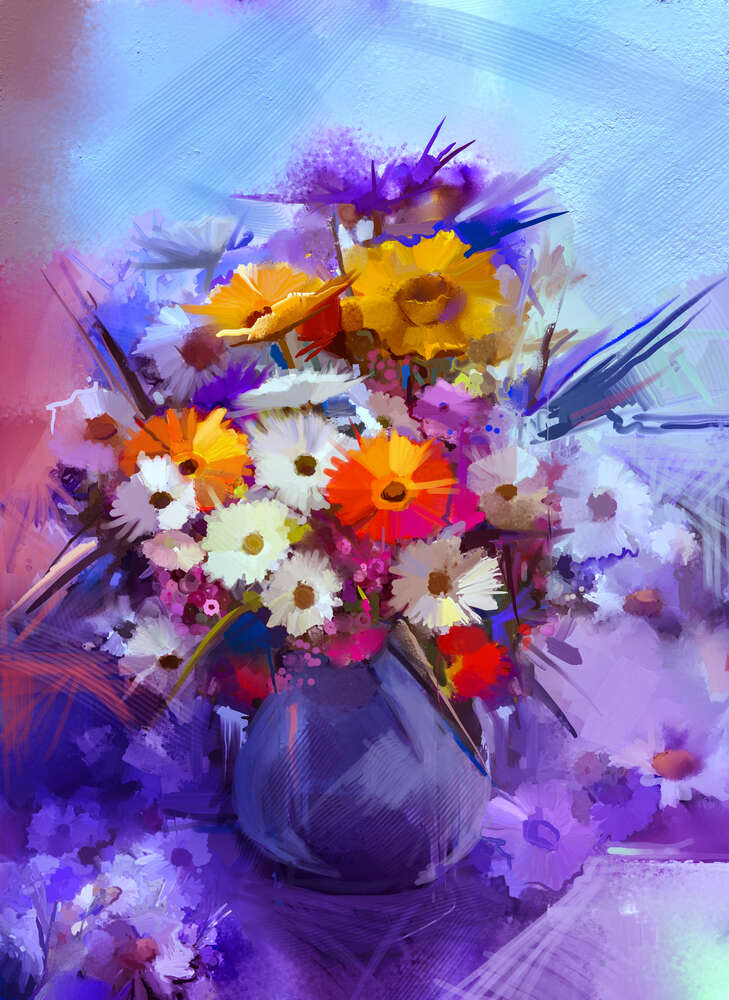 картина-постер Яскравий букет літніх квітів на фіолетово-блакитному фоні