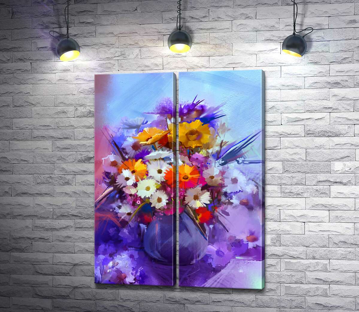 модульна картина Яскравий букет літніх квітів на фіолетово-блакитному фоні