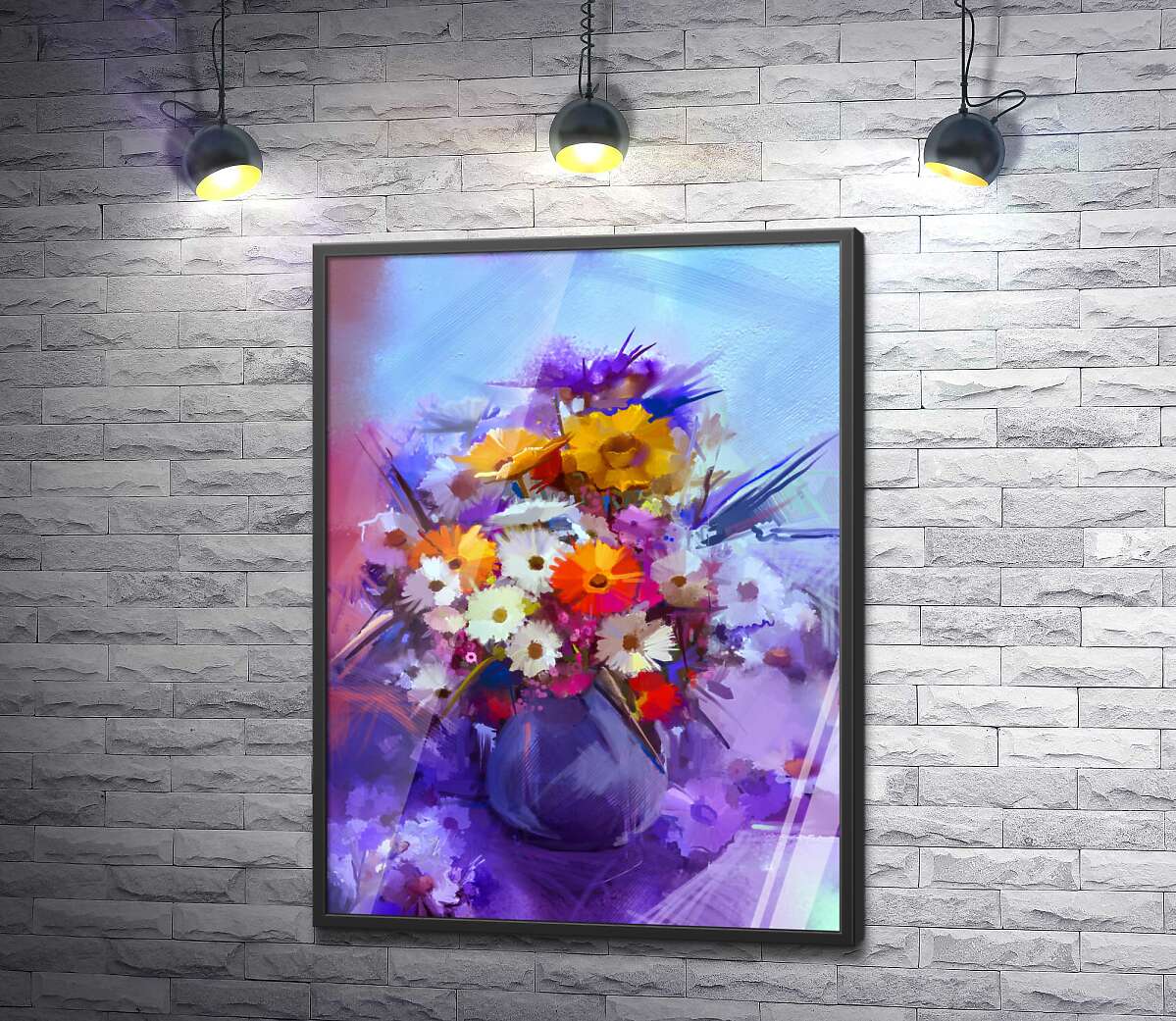 постер Яскравий букет літніх квітів на фіолетово-блакитному фоні