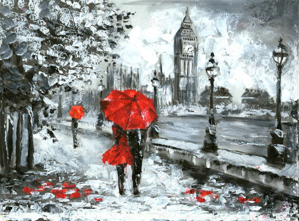 картина-постер Влюбленные под красным зонтиком гуляют по набережной