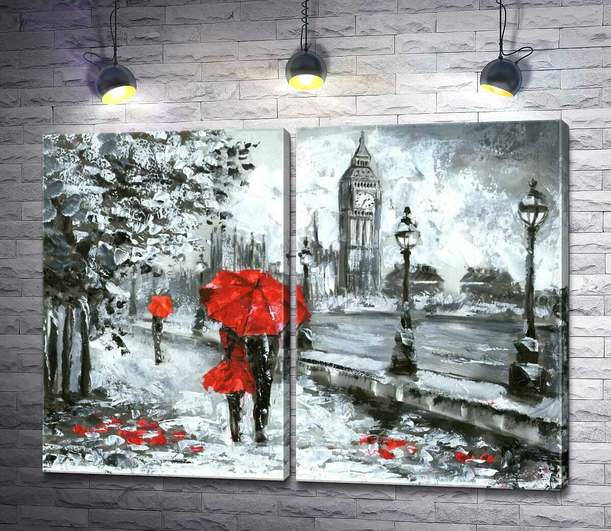 модульна картина Закохані під червоною парасолькою гуляють набережною