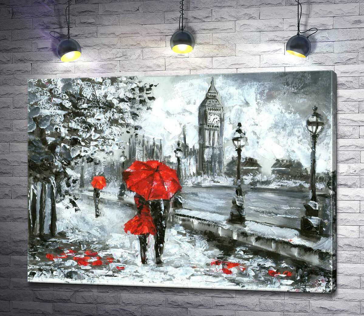 картина Влюбленные под красным зонтиком гуляют по набережной