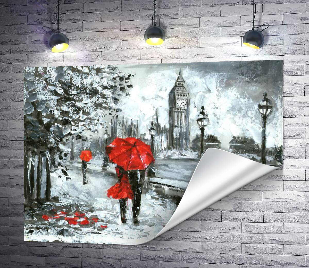 печать Влюбленные под красным зонтиком гуляют по набережной