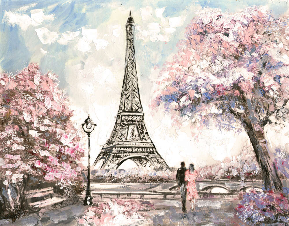 картина-постер Вид на Эйфелевую башню (Eiffel tower) с цветущей весенней набережной