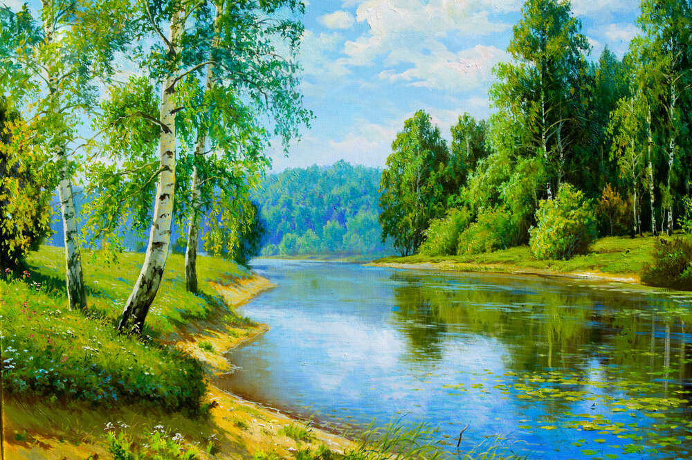 картина-постер Голубая река тихо течет мимо травянистых берегов с лесными полянами