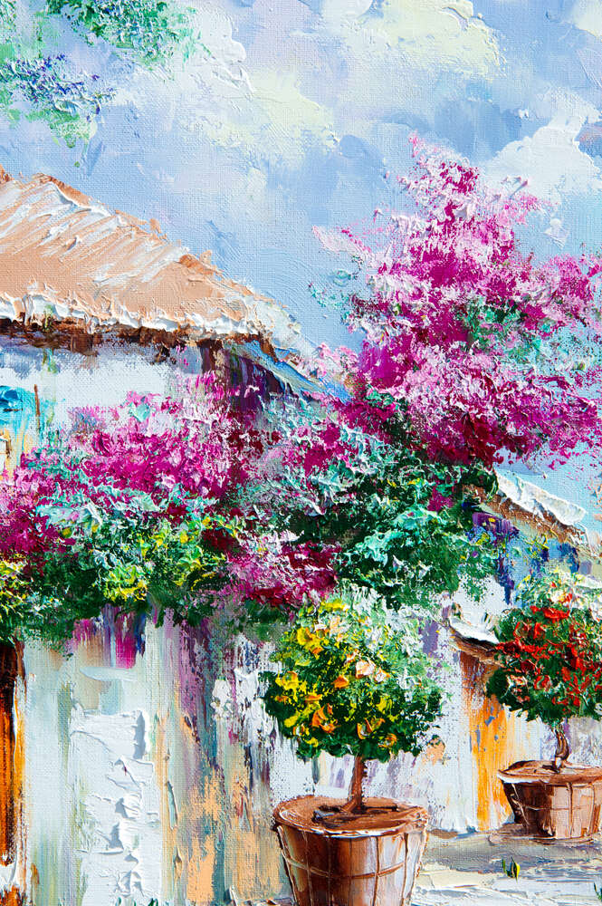 картина-постер Білі стіни будинку прикрашені фіолетовими квітами