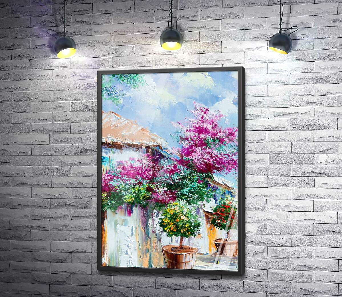 постер Білі стіни будинку прикрашені фіолетовими квітами