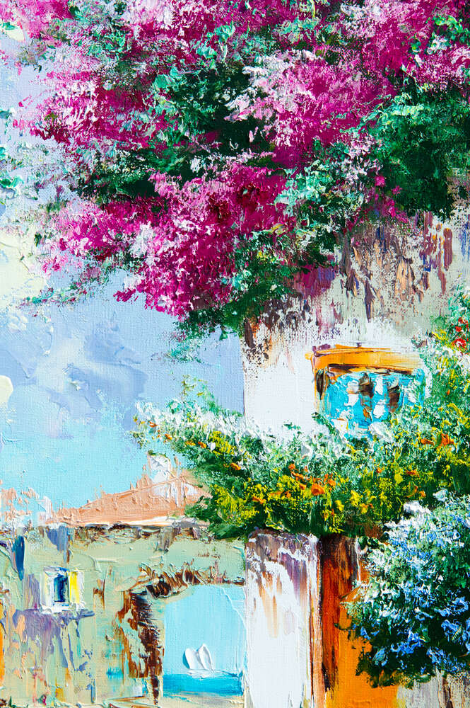картина-постер Летнее разнообразие цветов украшает стены приморского дома