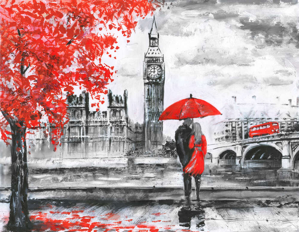 картина-постер Влюбленные с зонтиком смотрят на Биг-Бен с осенней набережной