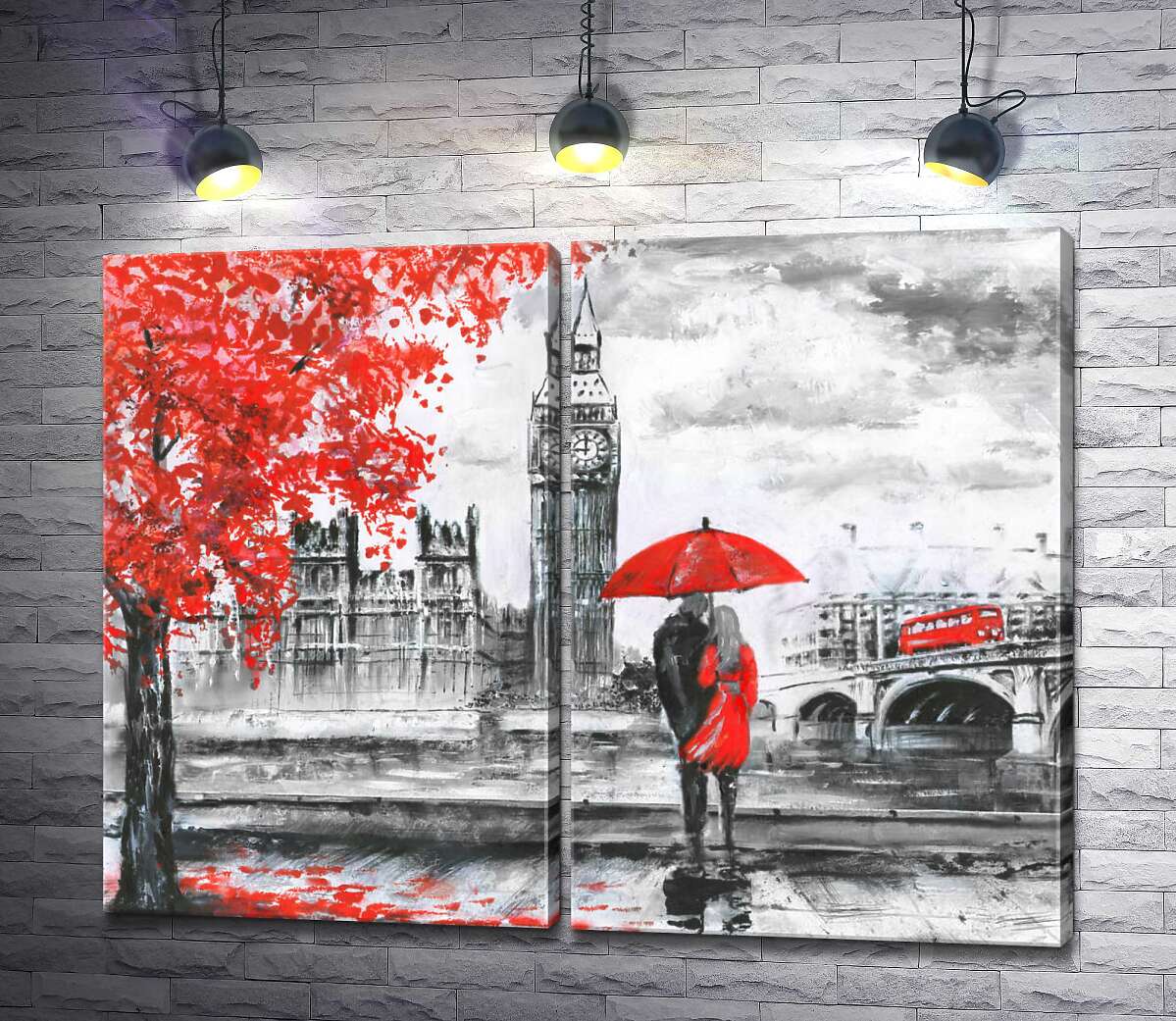 модульная картина Влюбленные с зонтиком смотрят на Биг-Бен с осенней набережной