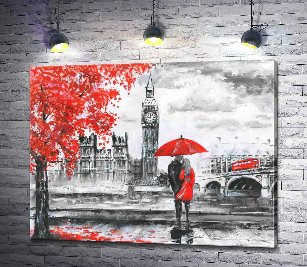картина Влюбленные с зонтиком смотрят на Биг-Бен с осенней набережной