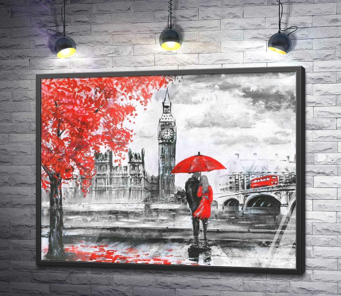 постер Влюбленные с зонтиком смотрят на Биг-Бен с осенней набережной