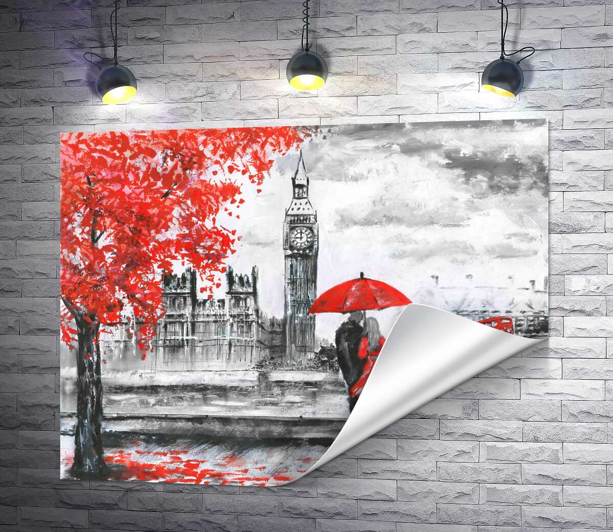 друк Закохані із парасолькою дивляться на Біг-Бен з осінньої набережної