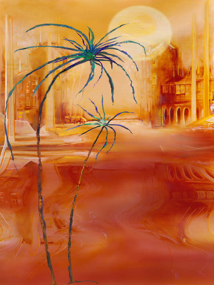картина-постер Загадочный восточный город виднеется за пальмами