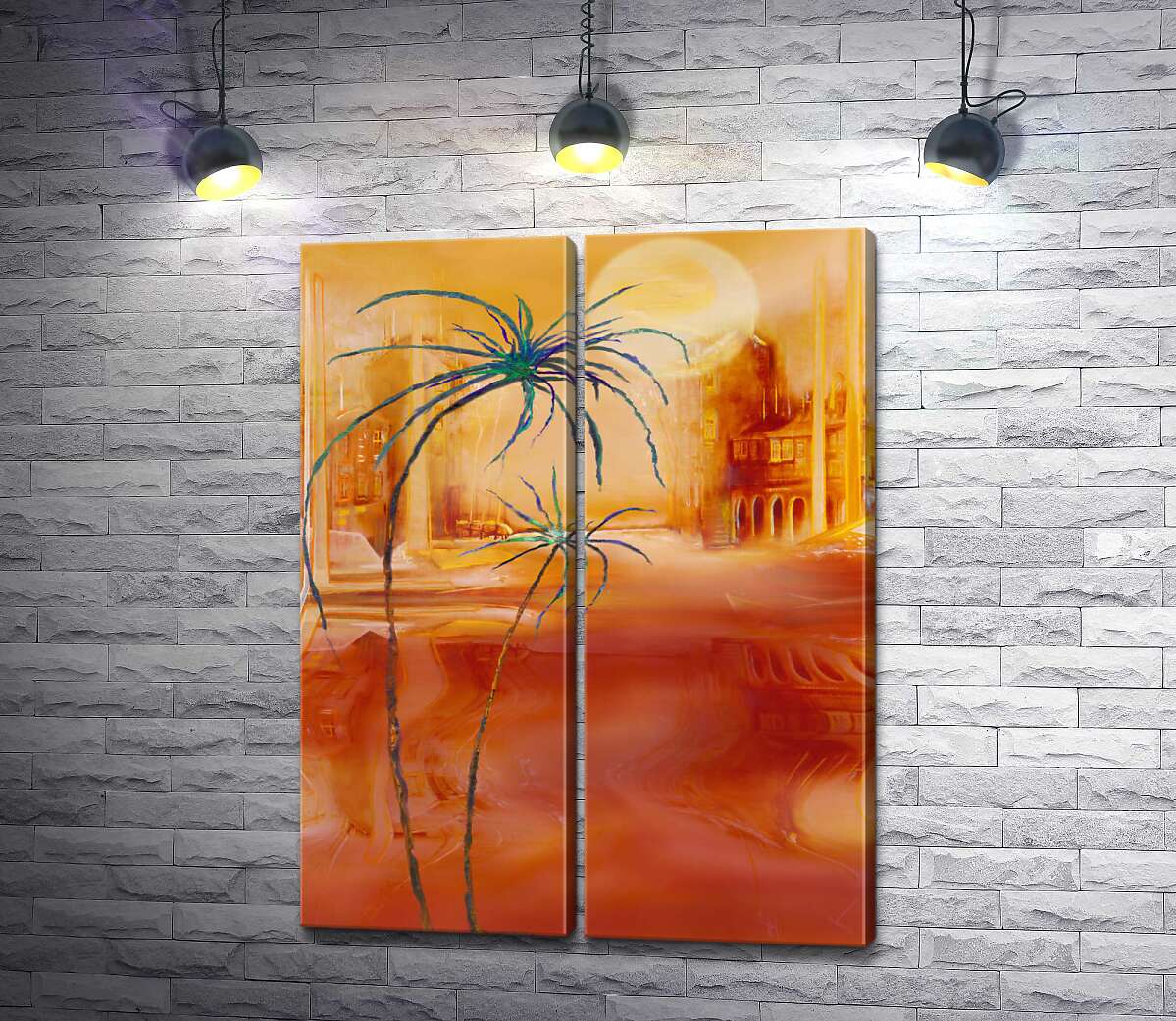 модульна картина Загадкове східне місто видніється за пальмами