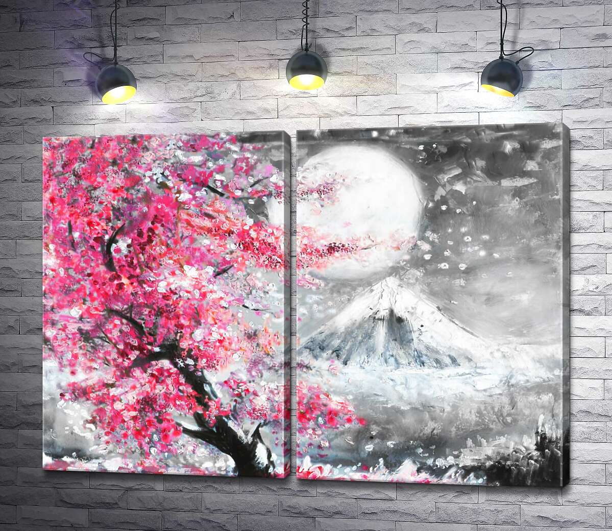 модульная картина Яркое цветение сакуры на фоне полной луны над горой Фудзи (Mount Fuji)