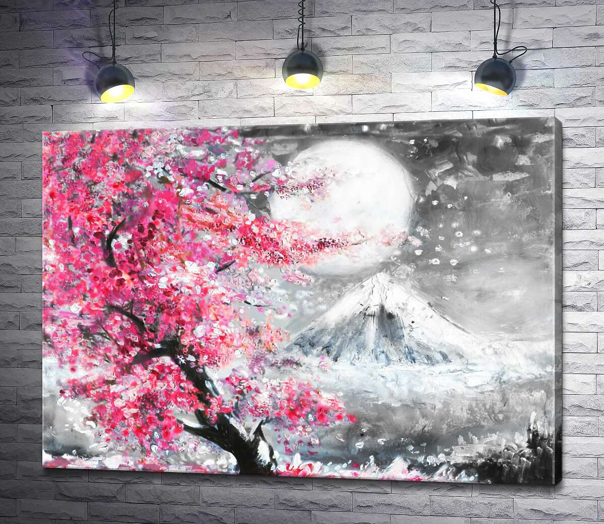 картина Яркое цветение сакуры на фоне полной луны над горой Фудзи (Mount Fuji)