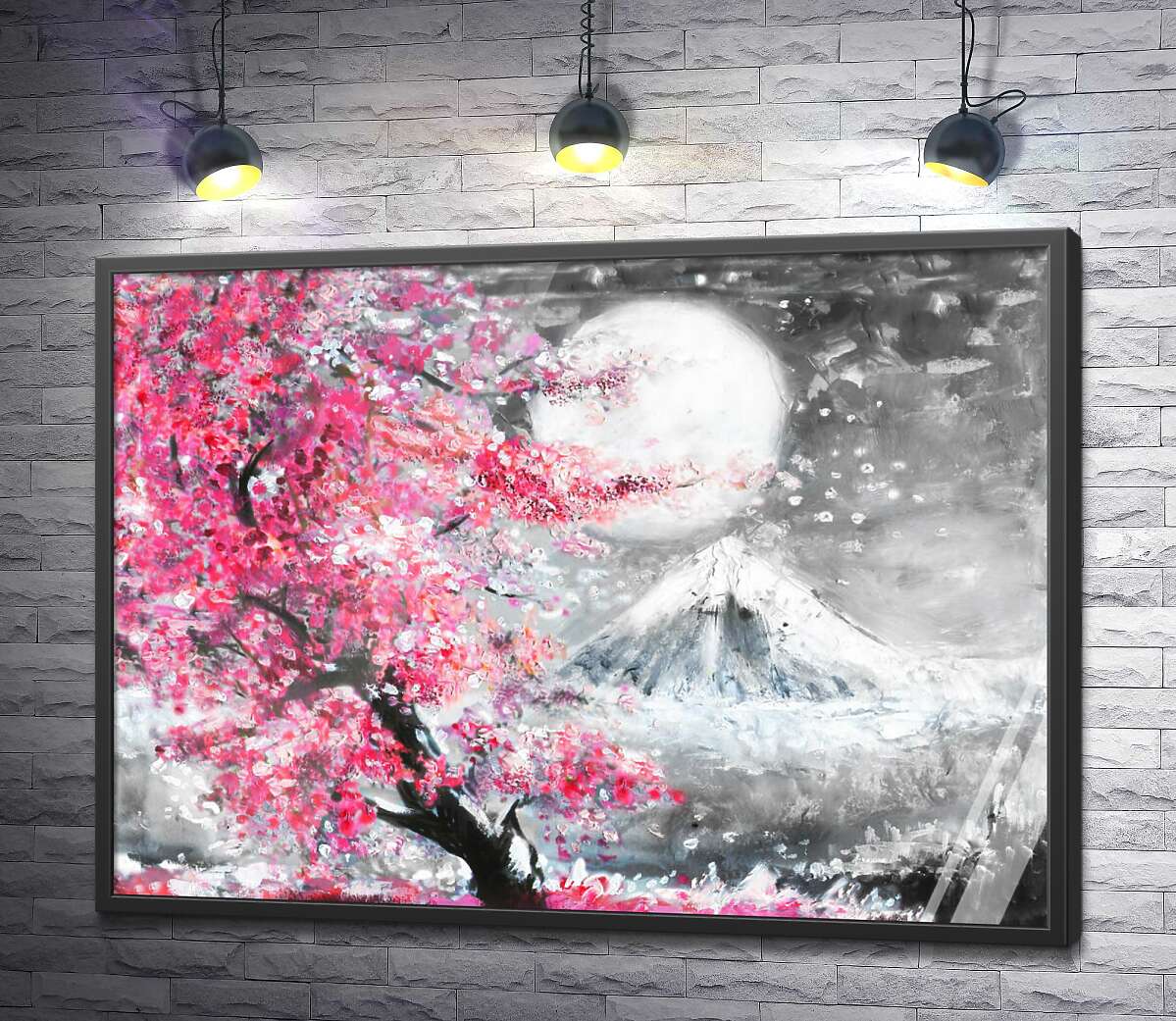 постер Яскравий цвіт сакури на фоні повного місяця над горою Фудзі (Mount Fuji)