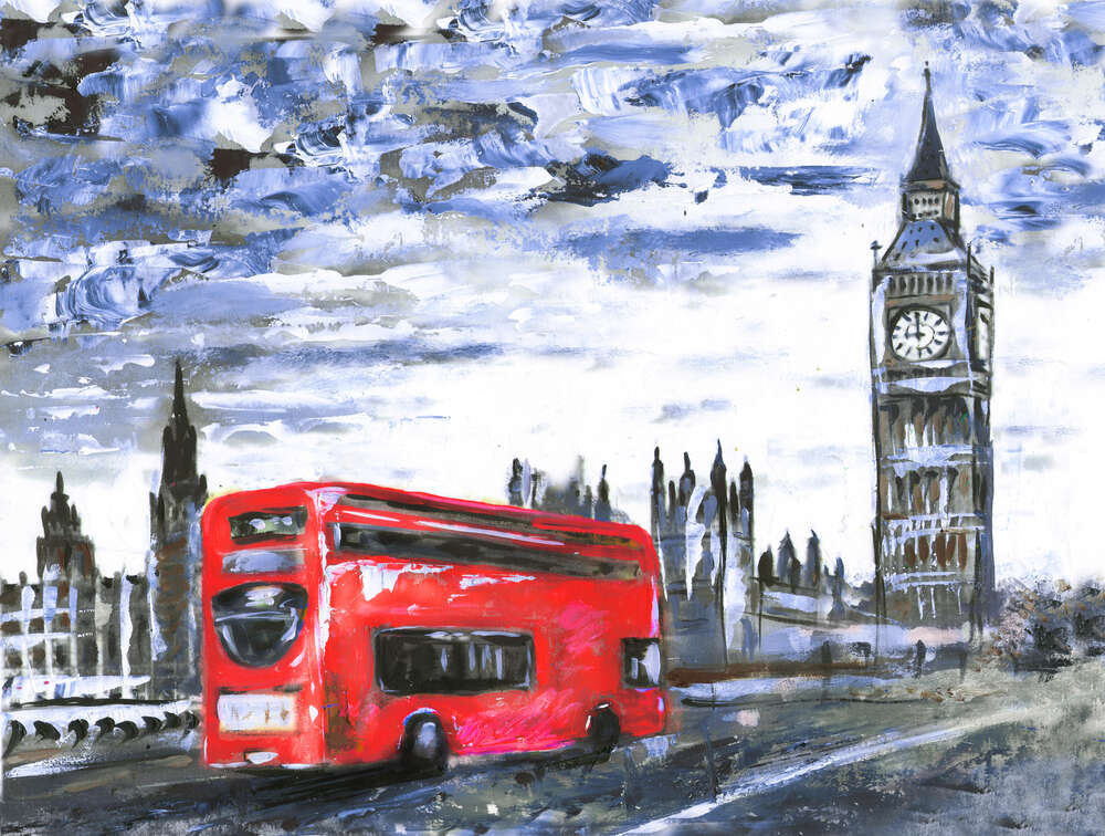 картина-постер Красный автобус мчится по Вестминстерскому мосту (Westminster bridge)