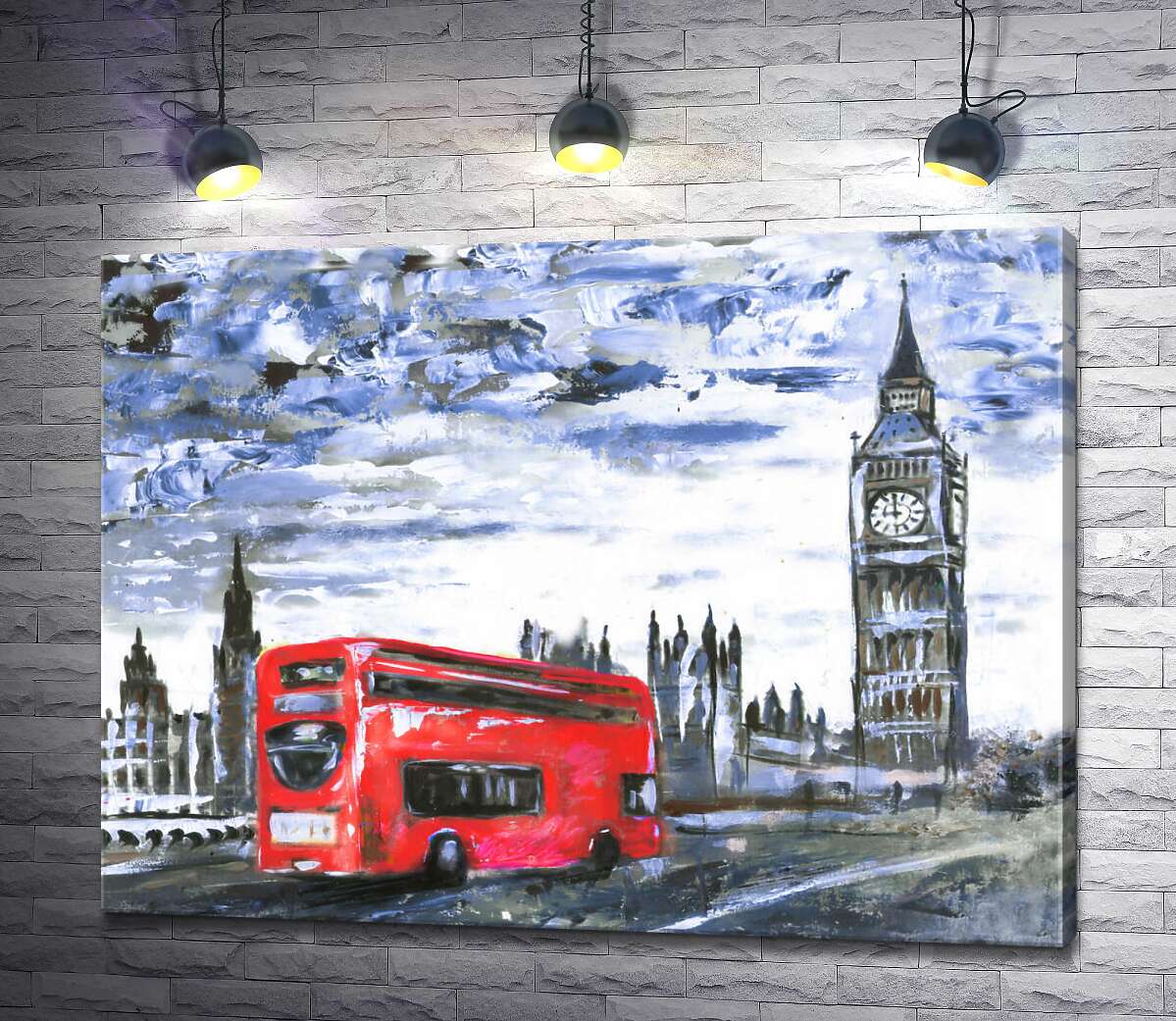 картина Красный автобус мчится по Вестминстерскому мосту (Westminster bridge)
