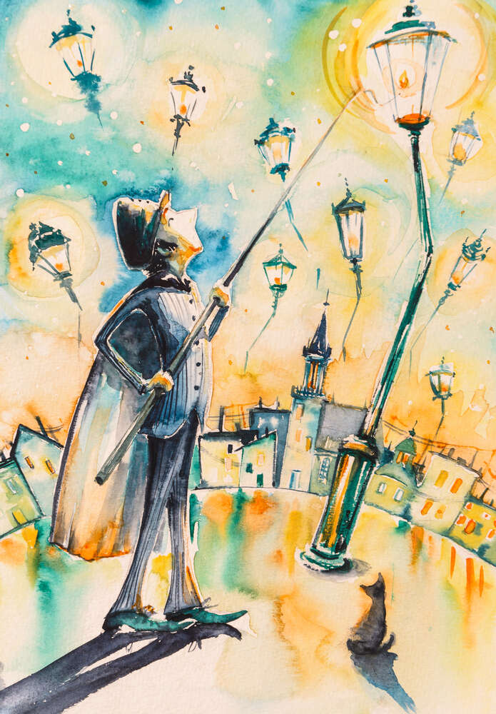 картина-постер Ліхтарник запалює світло у вечірньому місті