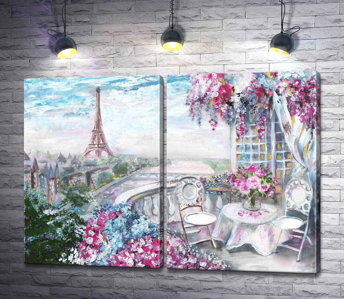 модульна картина Квітуча тераса в кав'ярні з видом на Ейфелеву вежу (Eiffel tower)
