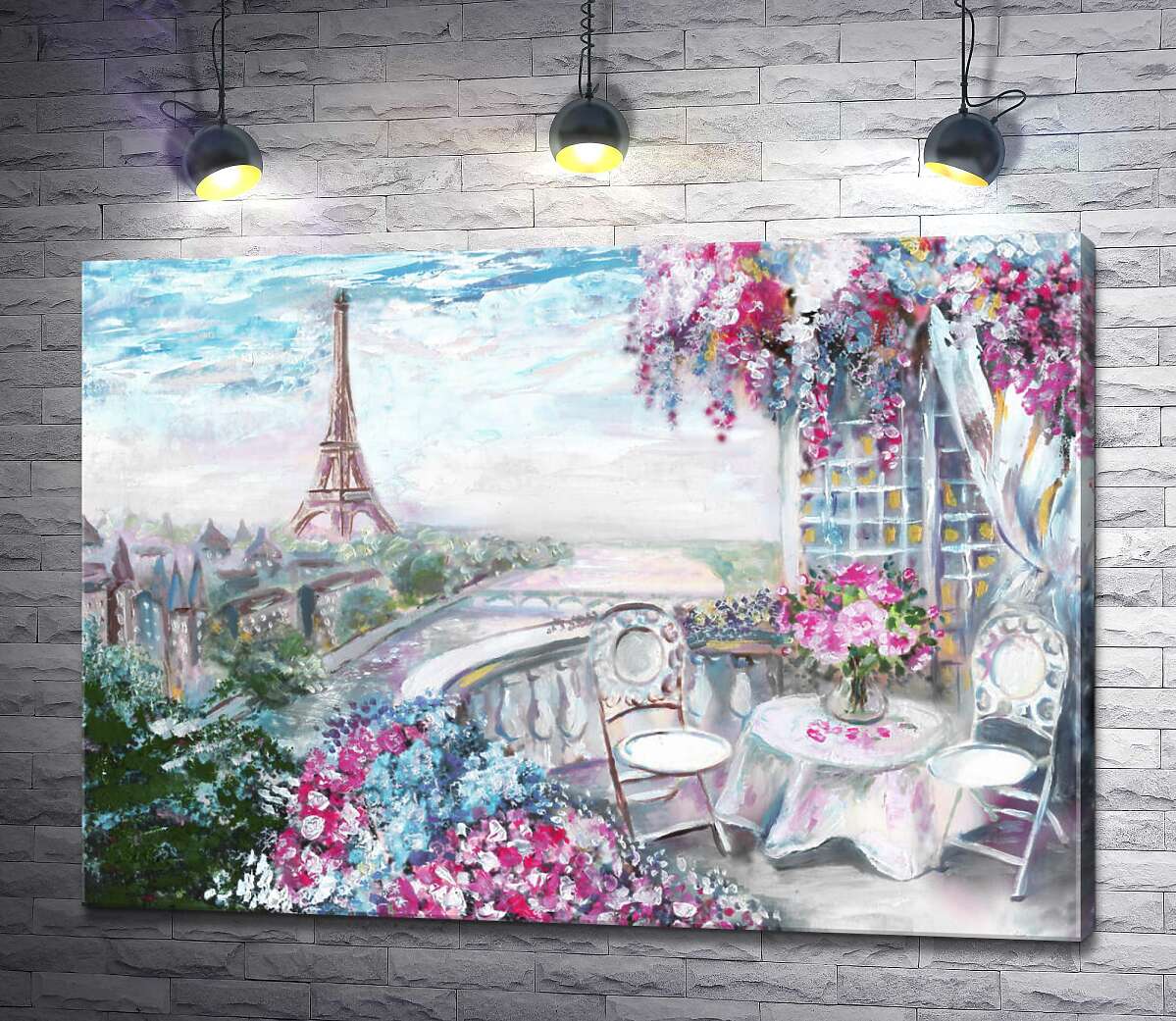 картина Квітуча тераса в кав'ярні з видом на Ейфелеву вежу (Eiffel tower)
