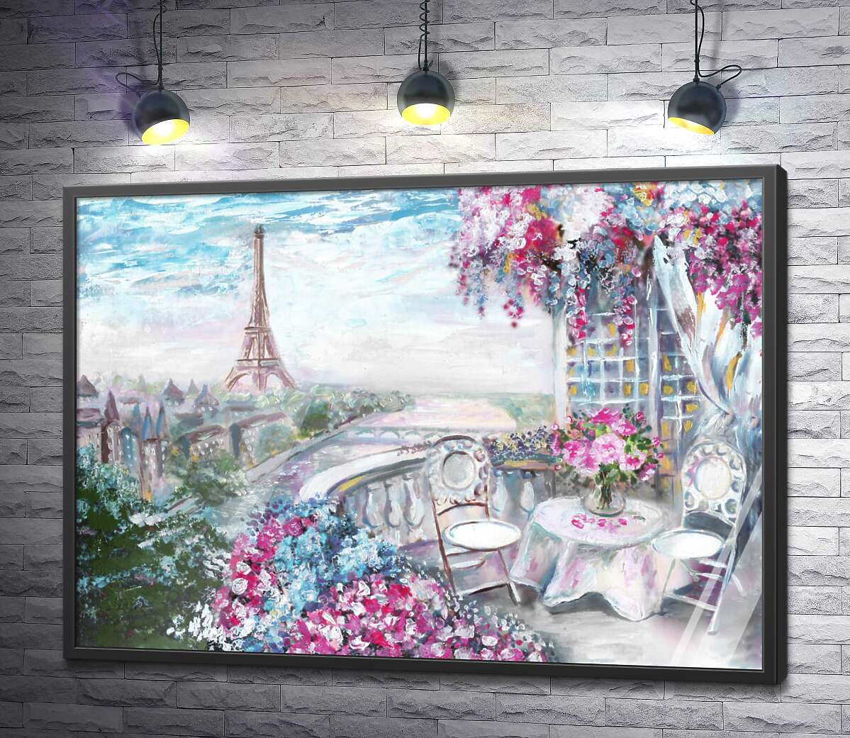 постер Цветущая терраса в кафе с видом на Эйфелеву башню (Eiffel tower)