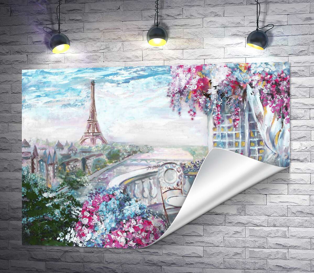 печать Цветущая терраса в кафе с видом на Эйфелеву башню (Eiffel tower)