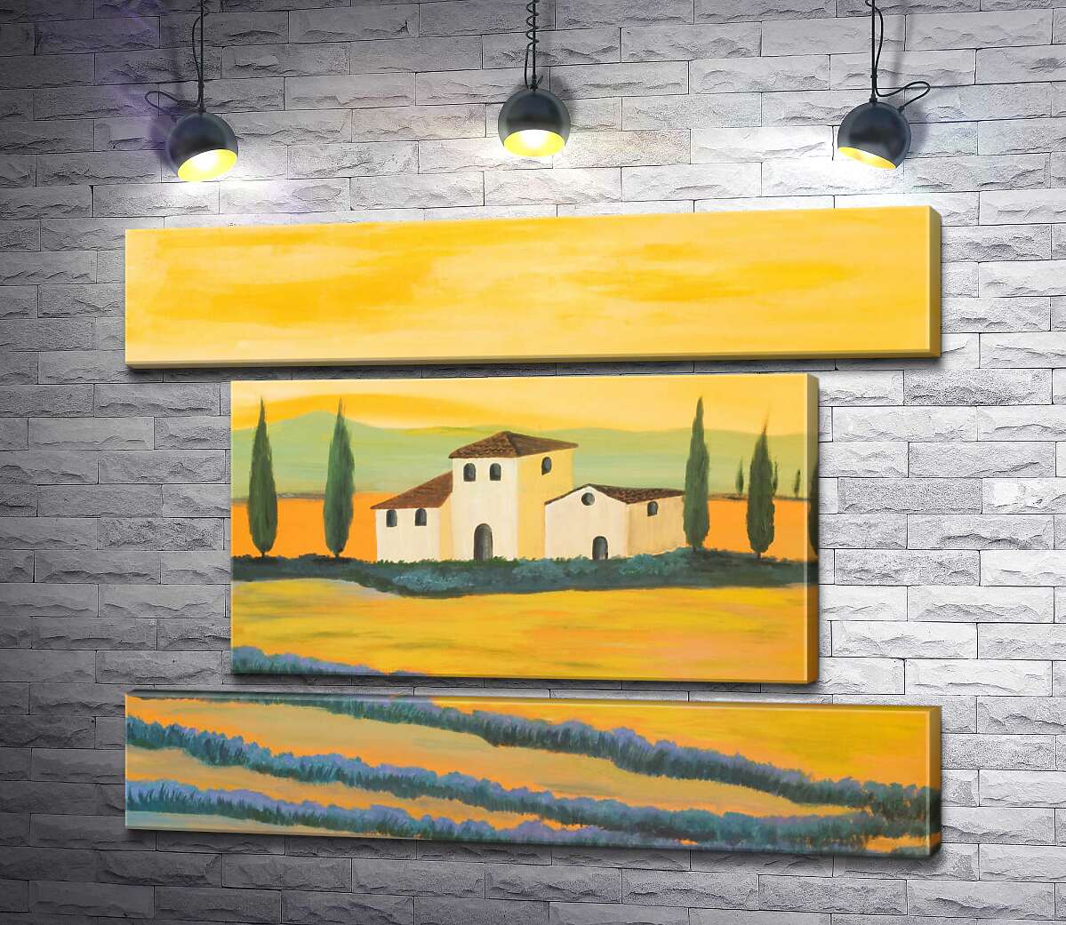 модульна картина Світлий силует вілли серед жовто-блакитних полів (Модуль №18)