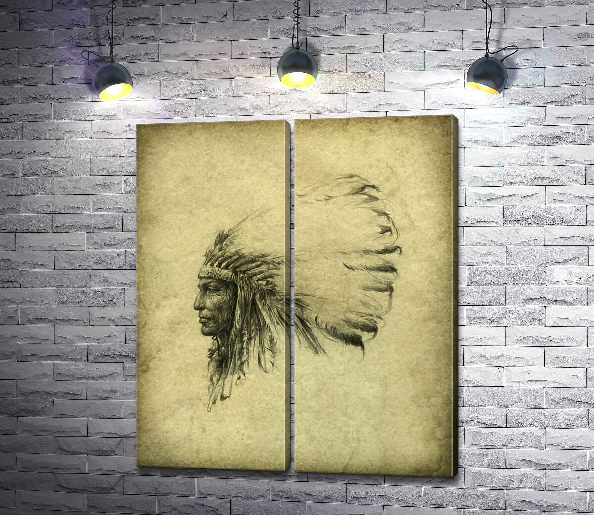 модульная картина Храбрый профиль индейца в венке из перьев