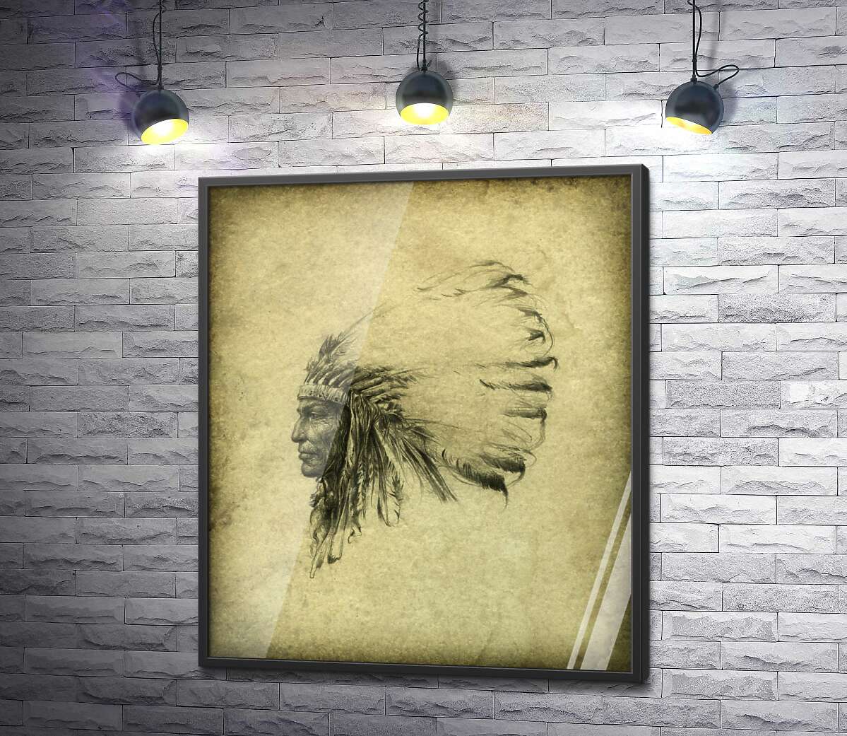 постер Храбрый профиль индейца в венке из перьев