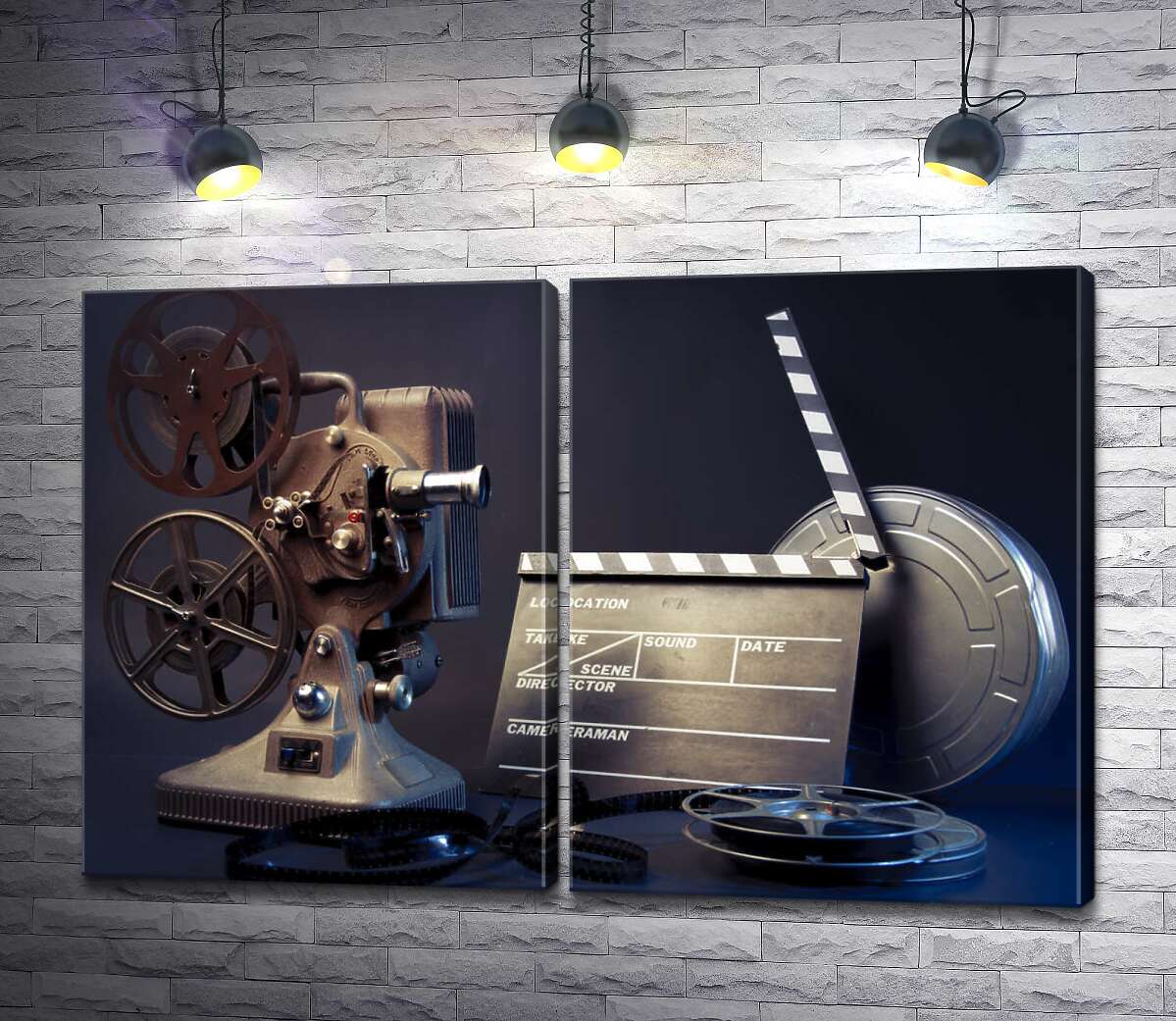 модульная картина Натюрморт кино: пленочный проектор, хлопушка и бобина