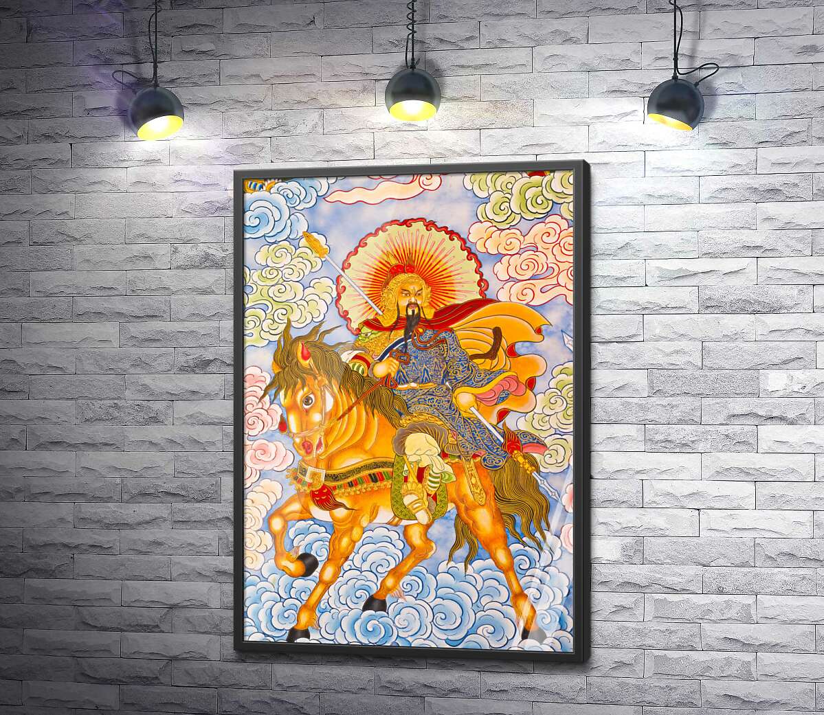 постер Китайский бог-воин на коне среди облаков